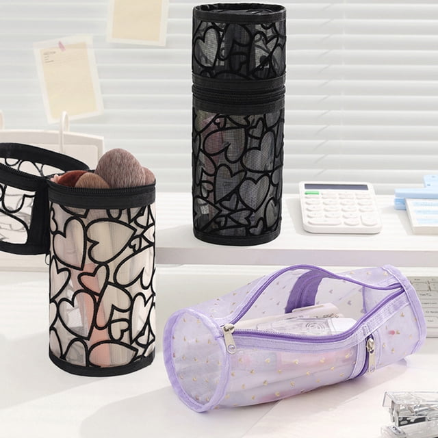 Bolsa para Guardar Brochas de Maquillaje | Bolsa Redonda de Malla con Gran Capacidad | Bolsa de Almacenamiento de Nailon Negra de 24 X 9,5 X 9,5 Cm