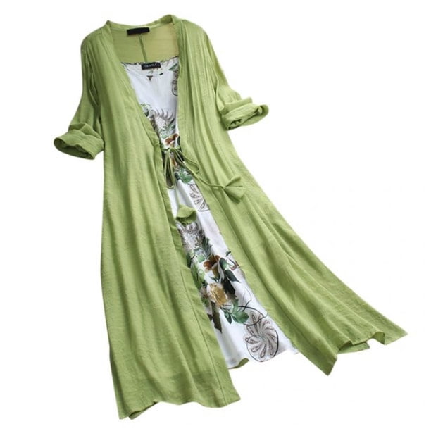 Vestido bohemio vintage de mujer con cuello redondo, estampado de flores, encaje, dos piezas, manga 3/4