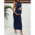 thumbnail image 3 of OYOANGLE Women's Maternity Mock Neck Sleeveless Ruched Maxi Dress Pregnancy Bodycon Tank Dresses Navy Blue S, 3 of 6