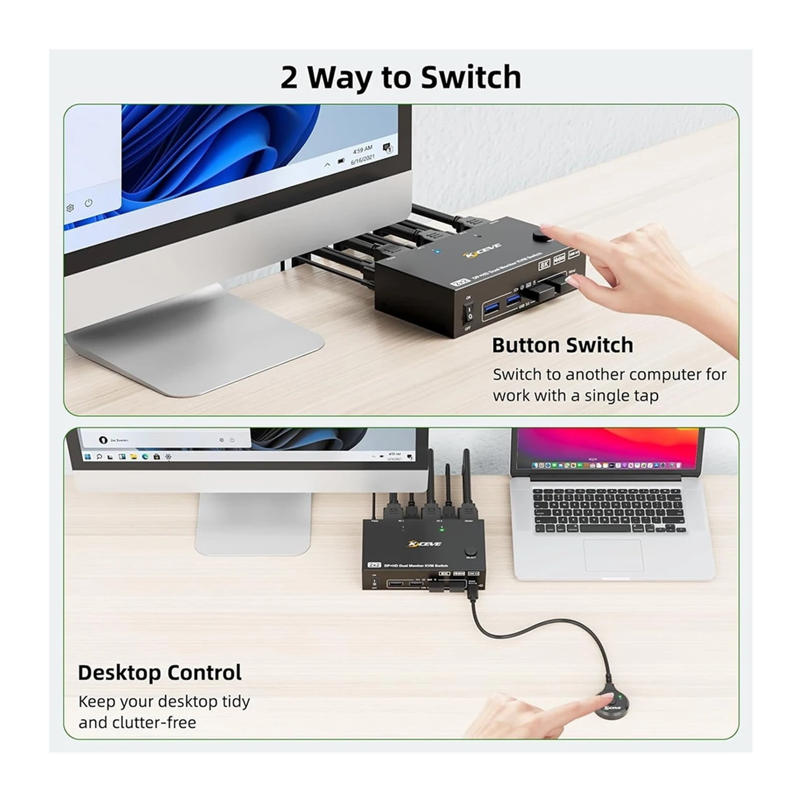 Dual Monitor KVM Switch 2 Port 8K@60Hz 4K@144Hz -Compatible+DP USB 3.0 Switch Extended Display 2 Monitors 2 Computers