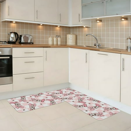 

Kitchen Mats for Floor 2 Piece - Pink Checkerboard Cowgirl Boots Anti Fatigue Mats for Kitchen Floor Kitchen Rugs Non Slip Washable Mat for Home Kitchen Decor