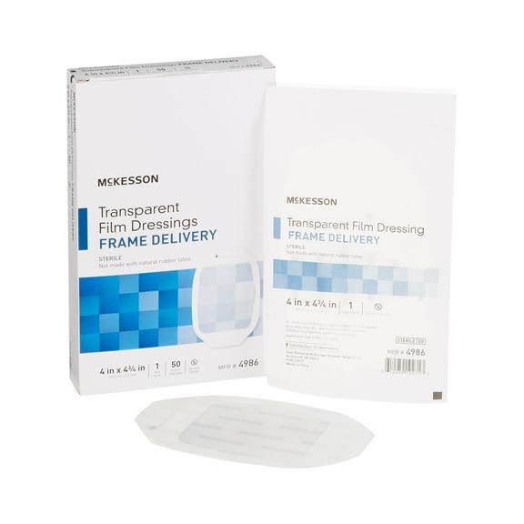 McKesson Transparent Film Dressing - Adhesive Frame Delivery, 4 in x 4 3/4 in, 50 Count, 4 Packs, 200 Total