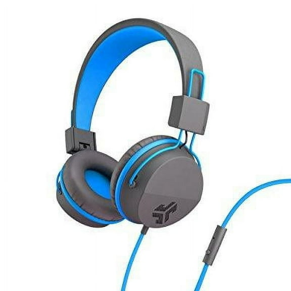 JLab Neon On-Ear Wired Headphones, Graphite/Blue, Feather Light, Ultra-plush Eco Leather, 40mm Drivers, Microphone