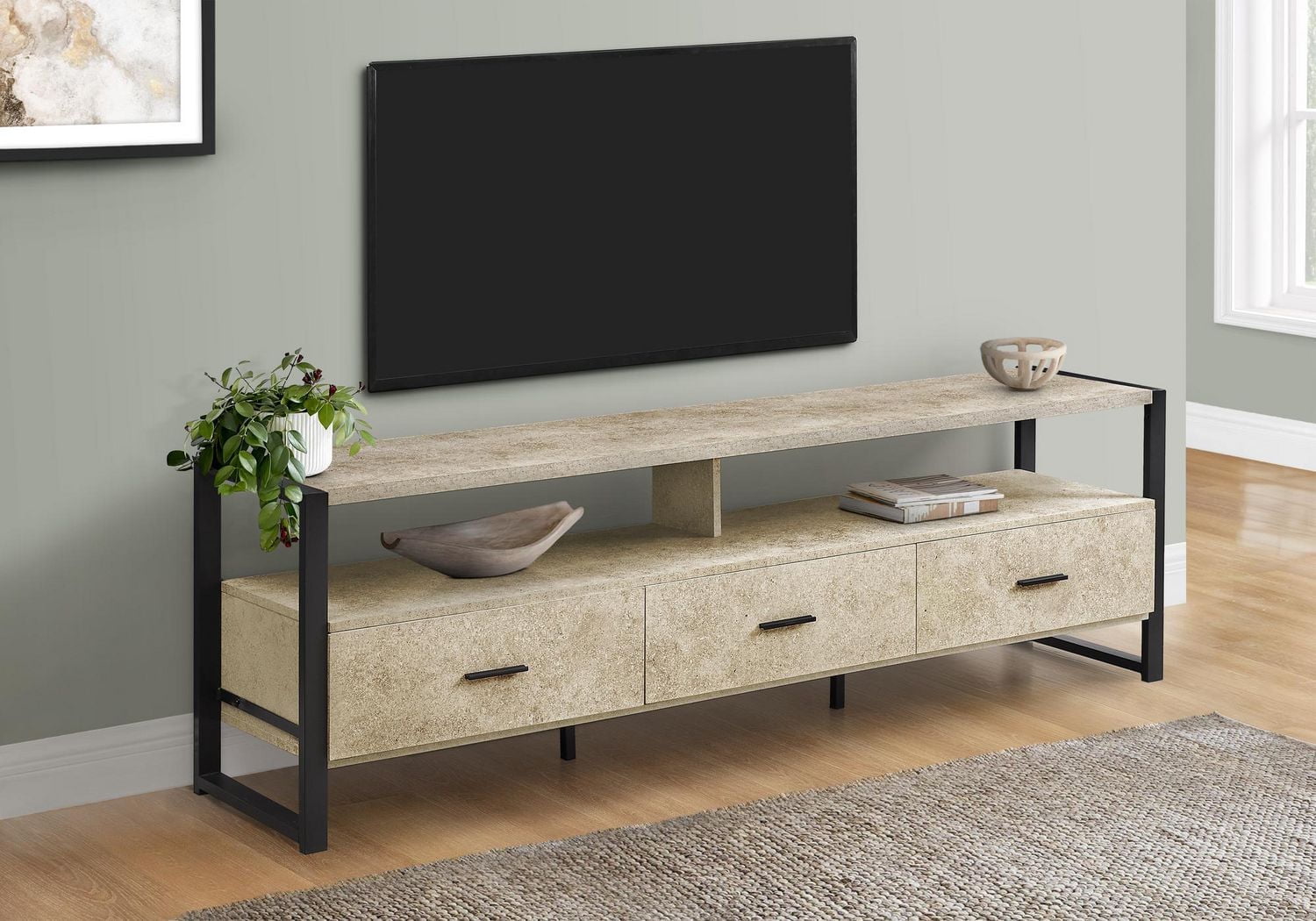 Monarch Specialties Tv Stand, 72 Inch, Media Entertainment Center, Storage Drawers, Black Laminate, Black Metal, Contemporary, Modern
