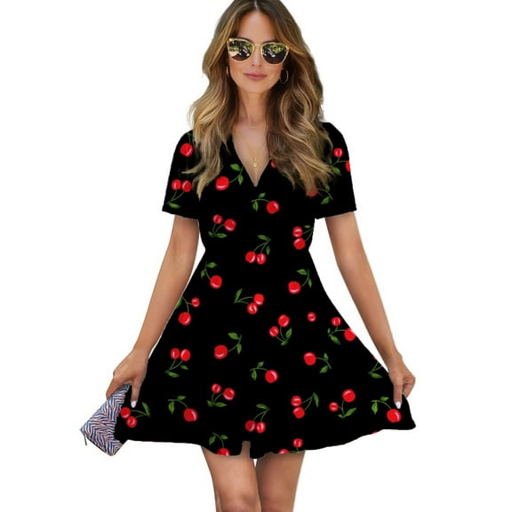 Cherry Women Dress V-Neck Short Sleeve Flowy Swing Party Midi Dress