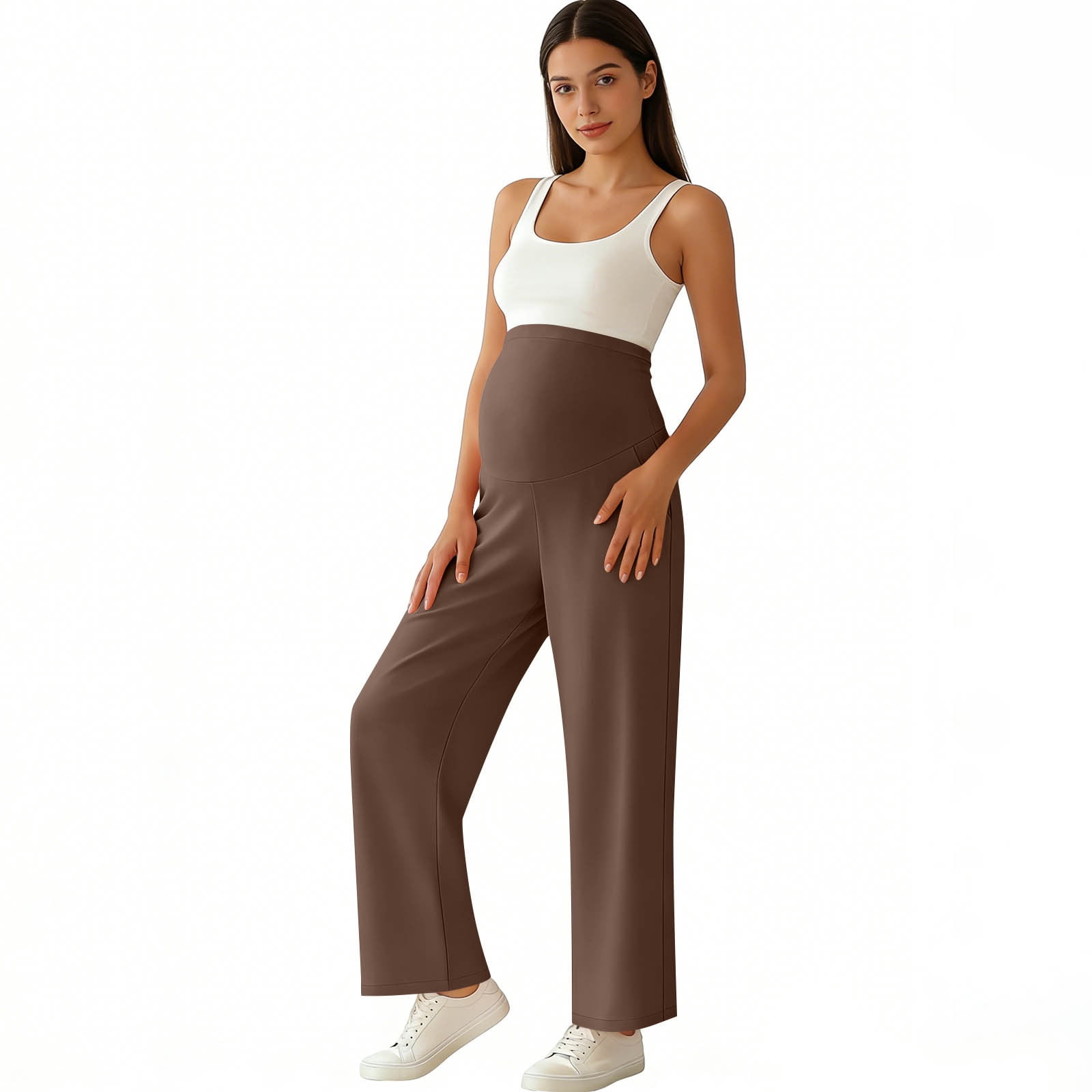 Women's Maternity Yoga Dress Pants Over the Belly Stretchy Lounge Work Pregnancy Straight Leg Trousers with Pockets