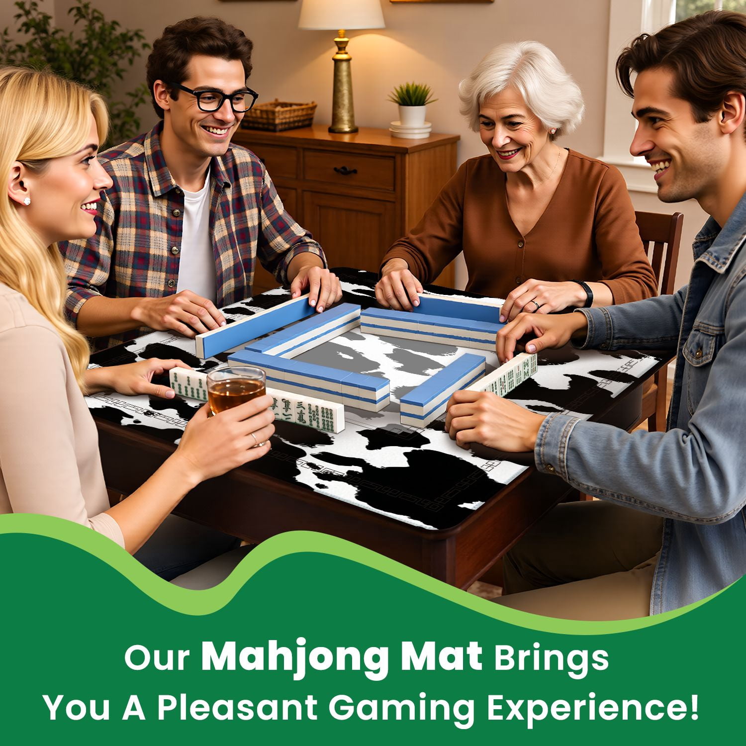 Mahjong Mat 31.5" x 31.5" Cow skin black white spot repeated seamless Animal Non-Slip Noise Reduction American Mahjong Tiles Table Cover for Dominoes Poker Card Board Games Gift