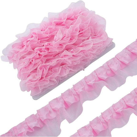 11 Yards 2-Layer Satin Organza Lace Edge Trim 1.57 Inch Pleated Ruffle Chiffon Ribbon Gathered Edging Trimmings Fabric for Cloth Dress Sewing Embroidered Applique Wedding Party Decor Pink Pink