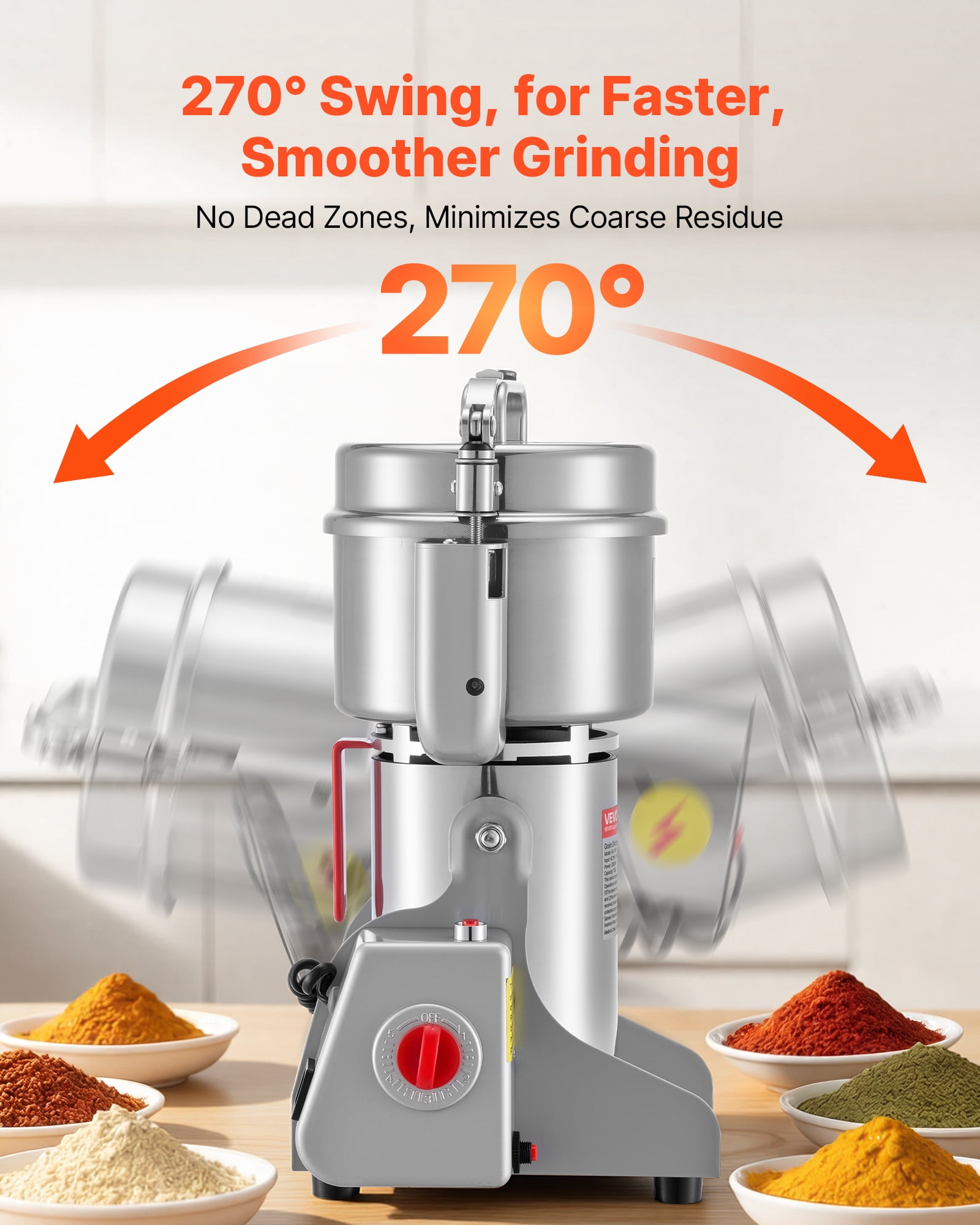 VEVOR 750g Electric Grain Mill Grinder, 2000W 28000RPM High Speed Spice Corn Dry Grinding Machine,Stainless Steel Pulverizer Powder Machine for Dried Grains Coffee Beans Spices Nuts (270° Swing Type)