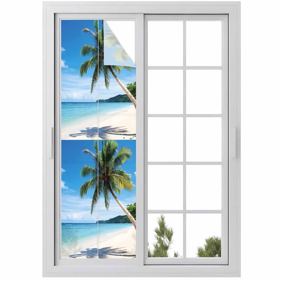 Beach Palm Tree Window Privacy Film Summer Ocean Blue Sky Tropical Island Decorative Glass Window Film UV Blocking Static Cling Non-Adhesive Sticker Covering for Home Door 29.5 x 118 inches