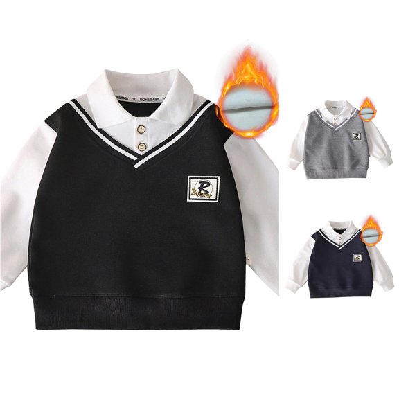 Tanghaowl Boys Sweatshirts Boys School Outfits Lined Sweater Kids Long Sleeve V Neck Shirt Pullover Fall Winter Warm Clothes Black 2-3 Years