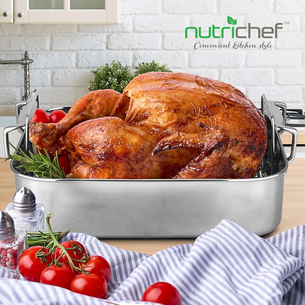 NutriChef Roasting Pan with Polished Rack, Handle, and Stainless Steel - 2 Pieces