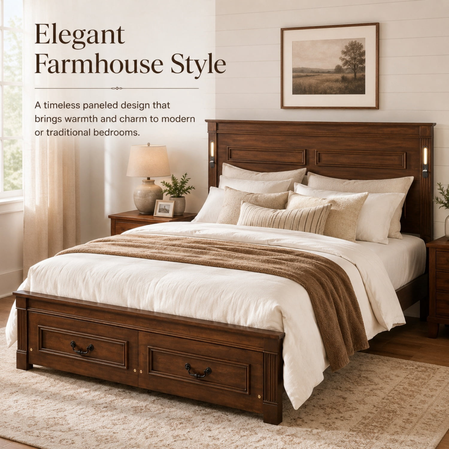 Miniyam Queen Farmhouse Storage Bed Frame with LED Headboard, USB & Type-C Charging, 2 Drawers, Walnut