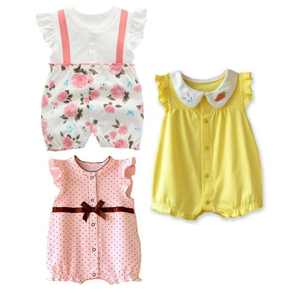 3 Pack Baby Girls' One-Piece Rompers, Infant Cotton Summer Clothes 0-3 Months