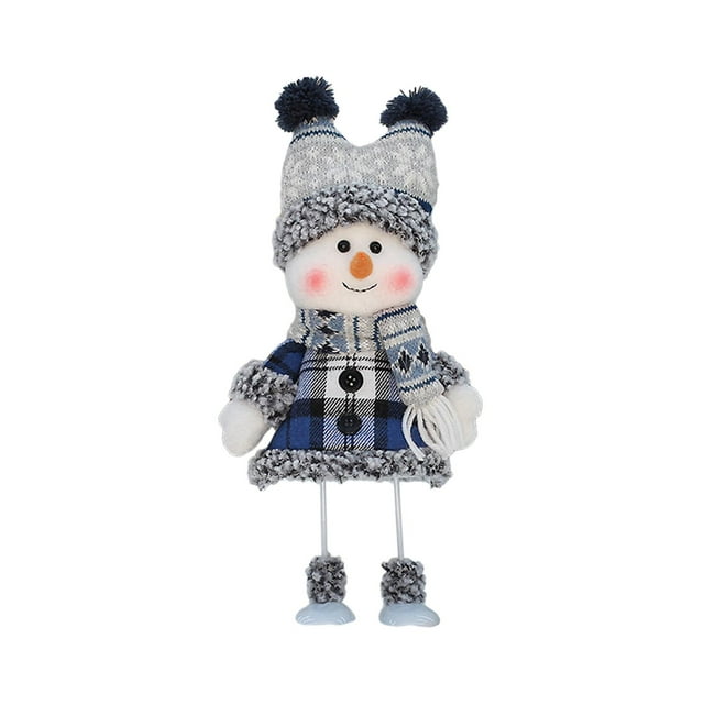 muñeco de nieve navideño con sombrero estilo F, figura suave coleccionable de 33 cm x 16 cm con gorro tejido gris con dos pompones, bufanda a rayas, abrigo de cuadros azul y negro, rostro con nariz naranja y mejillas sonrosadas, cuerpo relleno de poliéster y piernas colgantes con botas pequeñas; decorativo para escritorio, fiesta o regalo.