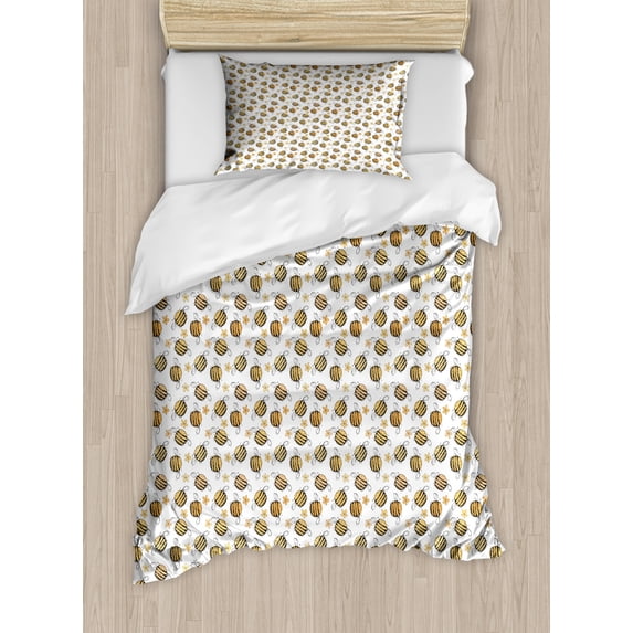 Honey Bee Duvet Cover Set, Flowers and Insect Silhouettes Drawn by Hand, Decorative 2 Piece Bedding Set with 1 Pillow Shams, Twin Size, Peach Dark Brown, by Ambesonne