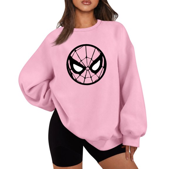 Women's Spider Mask Graphic Sweatshirt, Solid Long Sleeve Crewneck Casual Loose Pullover for Fall Winter Streetwear, Pink, XL