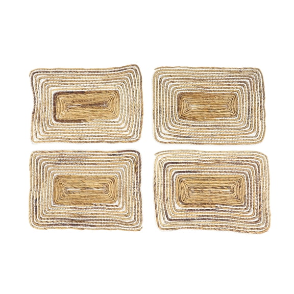 DecMode Rectangular Striped White & Natural Banana Leaf Wicker Placemats, Set of 4: 20” x 14” Each