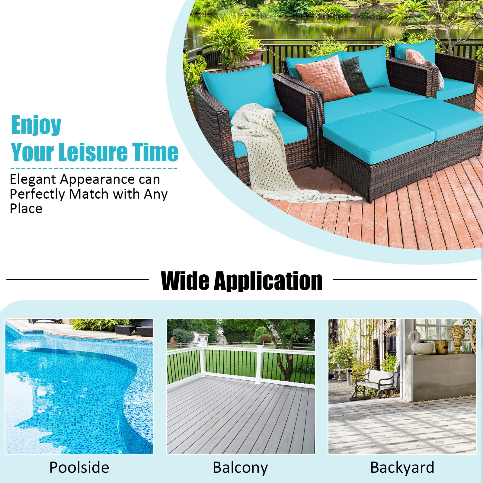 Gymax 5PCS Outdoor Patio Rattan Conversation Sofa Furniture Set w/ Turquoise Cushions