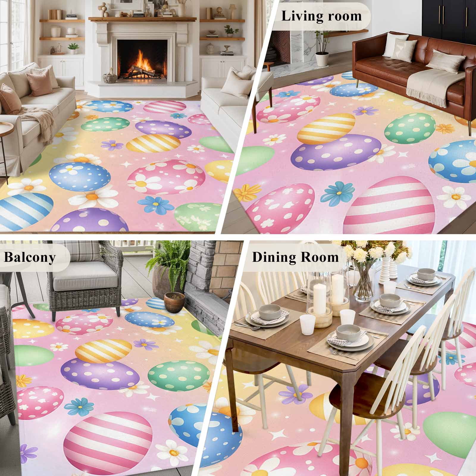 5'x7' Area Rugs for Living Room Bedroom, Easter Colorful Eggs Washable Rug Carpet Runner Indoor Outdoor, White Daisy Spring Flowers Non Slip Floor Mats Area Rug for Kitchen, Nursery