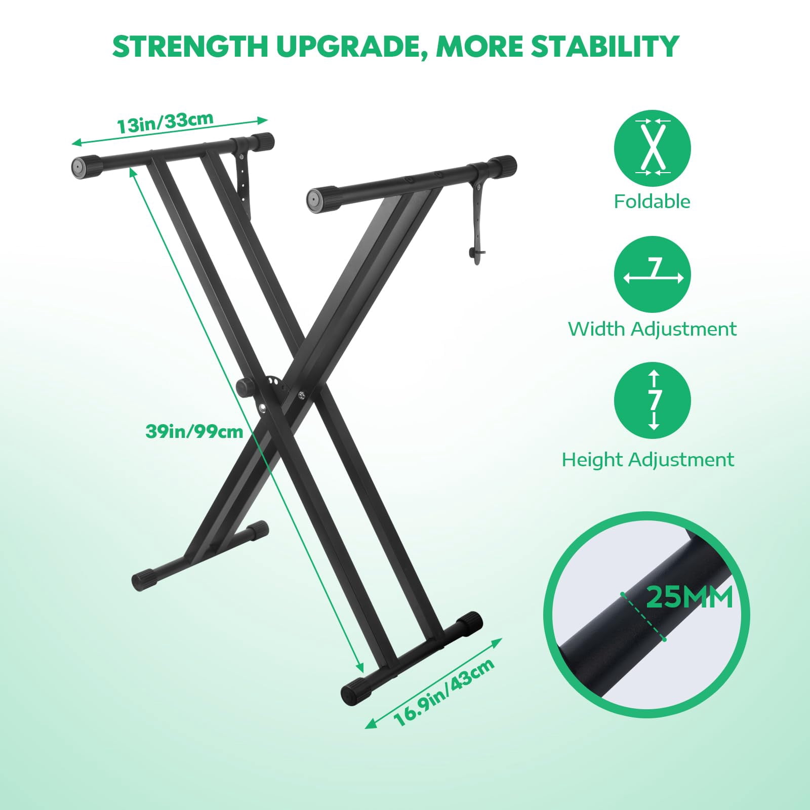 Piano Keyboard Stand Double X Heavy Duty With Locking Straps  7 Adjustable Heights