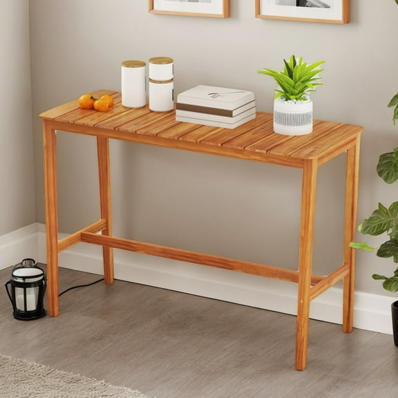 YYAo Acacia Wood Counter Height Table with Slatted Tabletop and Footrest Crossbar