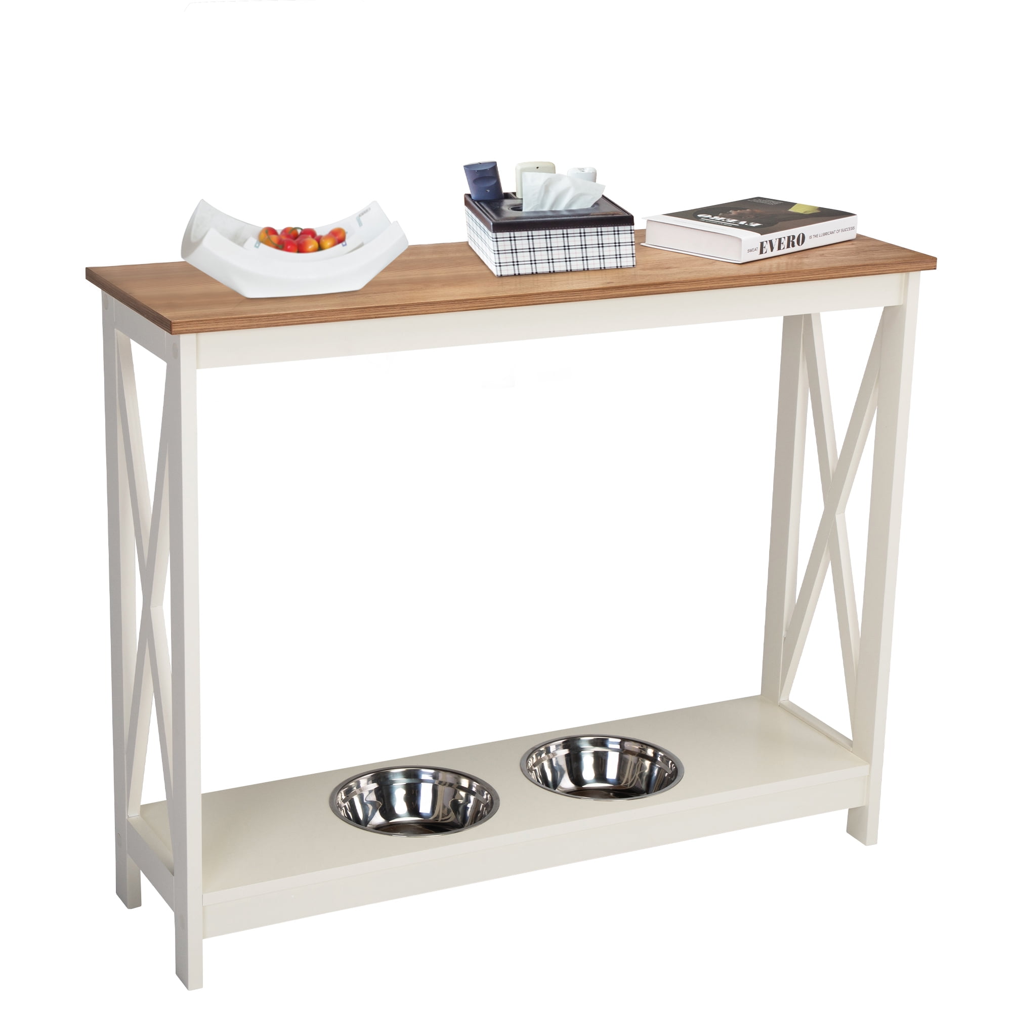 Private Jungle Console Table Hallway Stand Narrow Sofa Side Table with Pet Feeding Station,White Private Jungle Console Table Hallway Stand Narrow Sofa Side Table with Pet Feeding Station,White