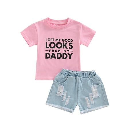 

CenturyX Newborn Baby Girls Outfits Letter Printing Short Sleeve Tops Ripped Denim Shorts Summer Clothes Set 12-18 Months