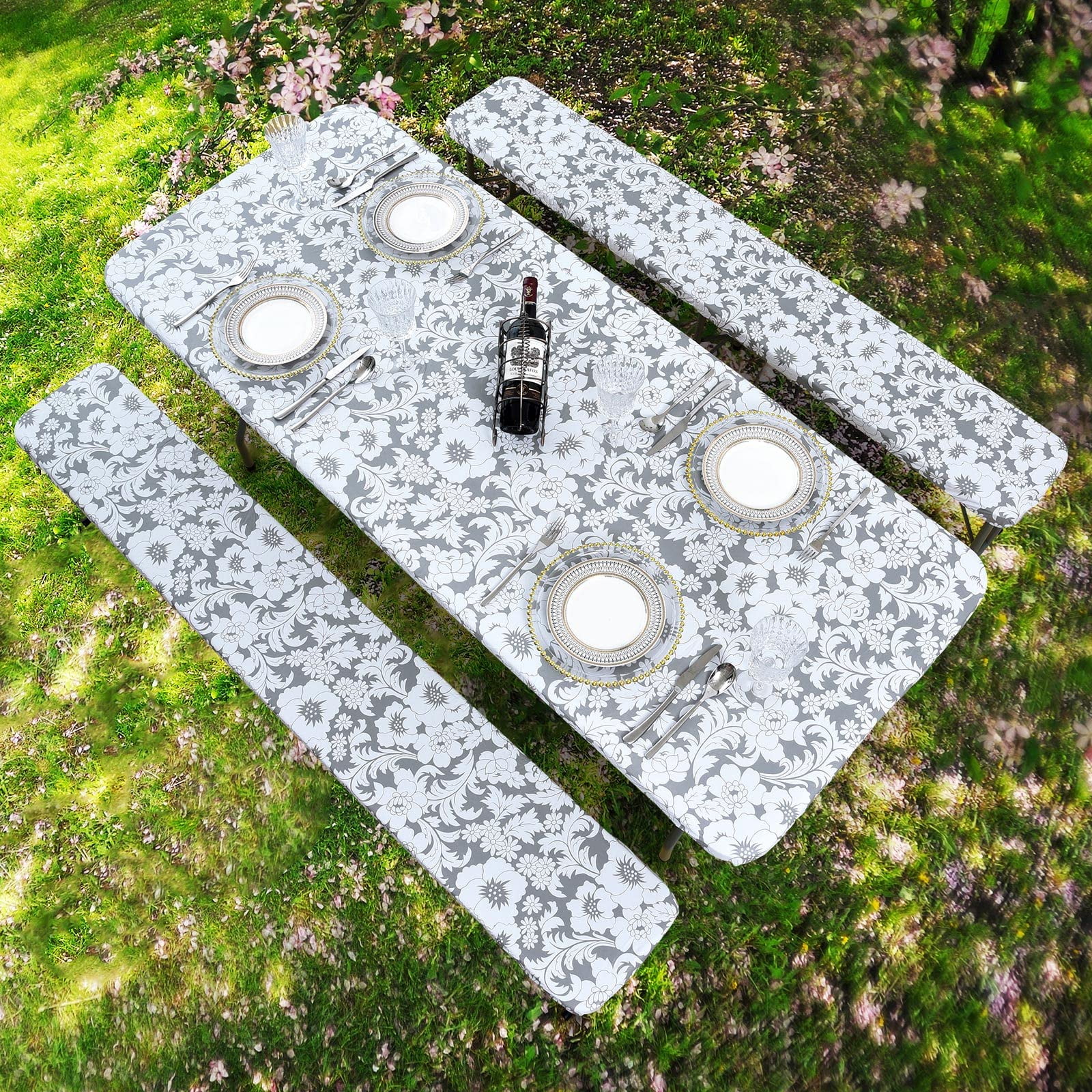 3PCS Picnic Table & Benches Cover, Fitted Tablecloth with Bench Covers