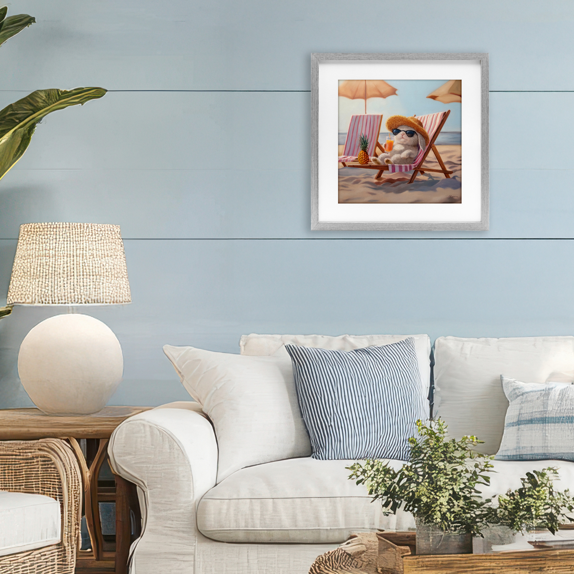 Beach Bun Relaxation Gray Framed Print Under Glass, design by Lucia Heffernan