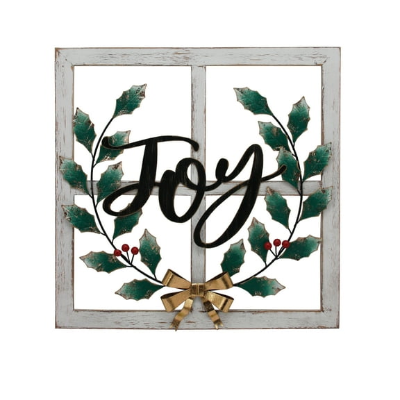 23.5" Window Frame with Holly and Joy Christmas Wall Sign