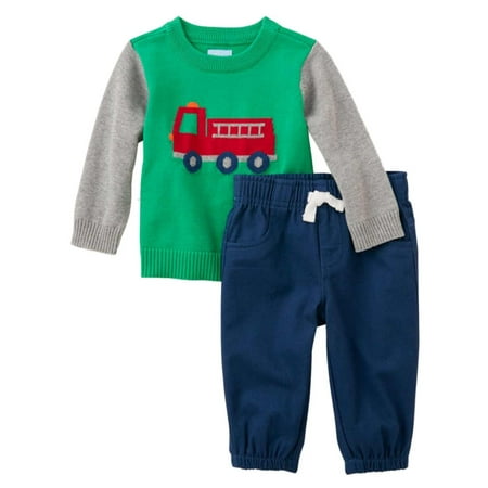 - Childrens Place Infant Boys Outfit Green Fire Truck Sweater Blue Pants Set