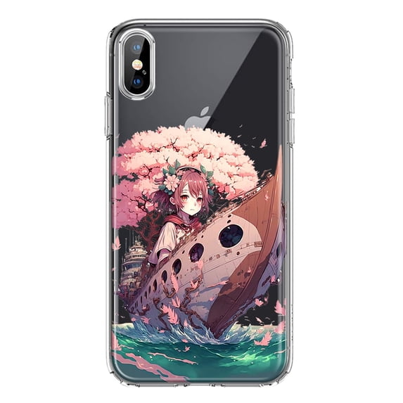 MUNDAZE Apple iPhone XS Max Shockproof Clear Hybrid Protective Phone Case Kawaii Manga Pink Cherry Blossom Japanese Girl Boat Cover