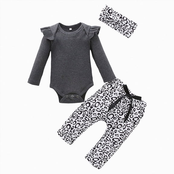 TOWED22 Newborn Baby Girl Fall Winter Clothes 3-Piece Outfits Set Long Sleeve Round Neck Bodysuit Romper Ribbed Pants Headband Set(Grey,3-6 M)