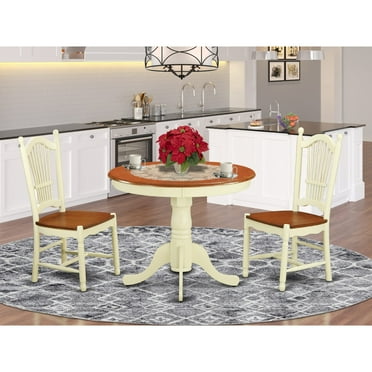 East West Furniture Antique 3-piece Dining Set with Round Table in Cream/Cherry