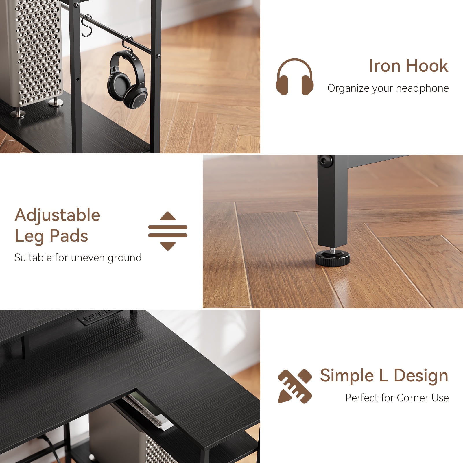 Satifur 47" Computer Desk with LED Lights & Power Outlets, L-Shaped Desk with 3 Fabric Drawers & Open Shelves, Reversible Home Office Desk,Black
