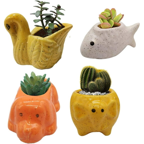 India Meets India Ceramic Flower Pot Planter Plant Pot Indoor Planter Handicraft by Awarded Indian Artisan (Fish, Elephant, Turtle and Dog (Set of 4))