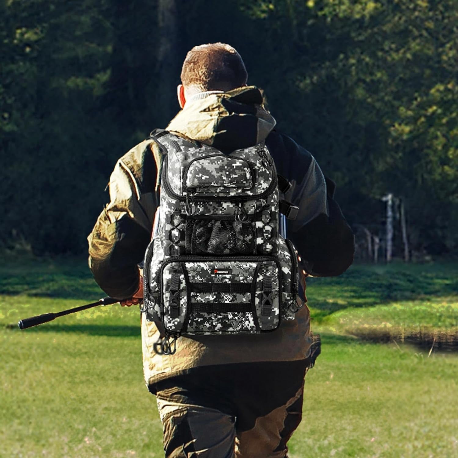 Fishing Tackle Backpack with Rod Holders & 4 Tackle Boxes, Water-Resistant Outdoor Fishing Bag with Rain Cover