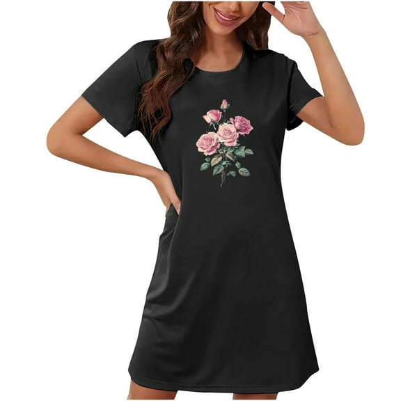 VgaVtl Sleep Shirts for Women Short Sleeve Black Womens Nightgowns Valentines Day Heart Print Relaxed Fit Casual Nightgowns