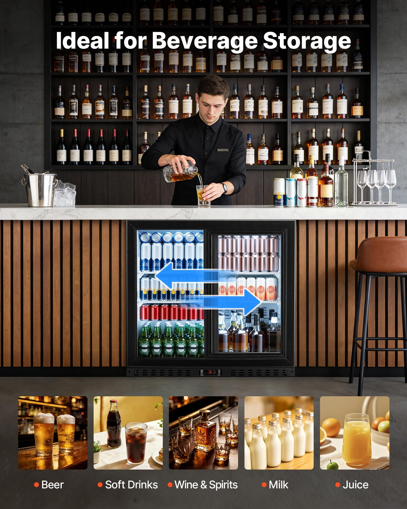 VEVOR Back Bar Cooler, 7.4 Cu. Ft Commercial Beverage Refrigerator, Under Counter Bar Fridge with 2 Sliding Doors, LED Lighting, Adjustable Shelves, Low-E Glass Display Cooler for Beer, Wine, Drink