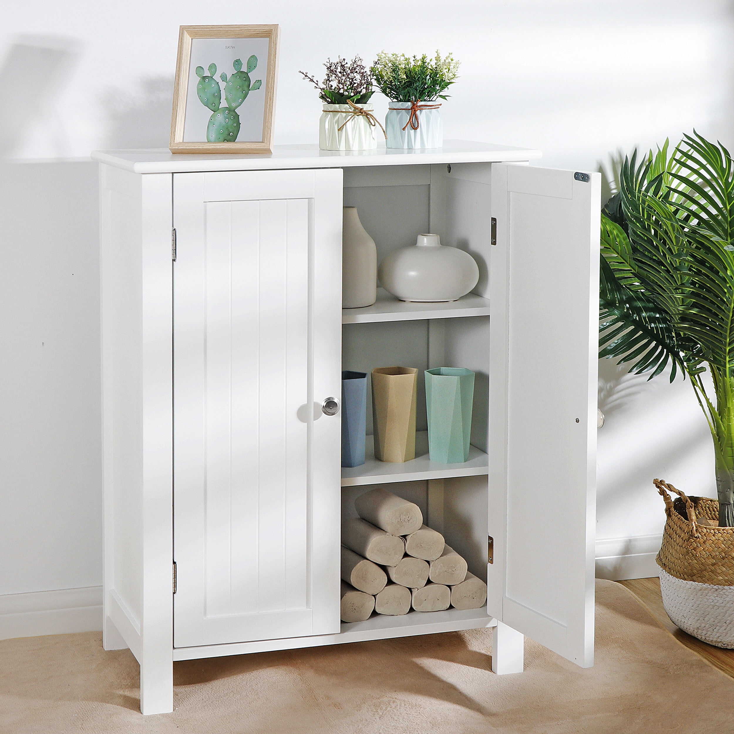 ZenSports Wooden Bathroom Cabinet 2-Doors Floor Storage Cabinet Adjustable Shelves, White
