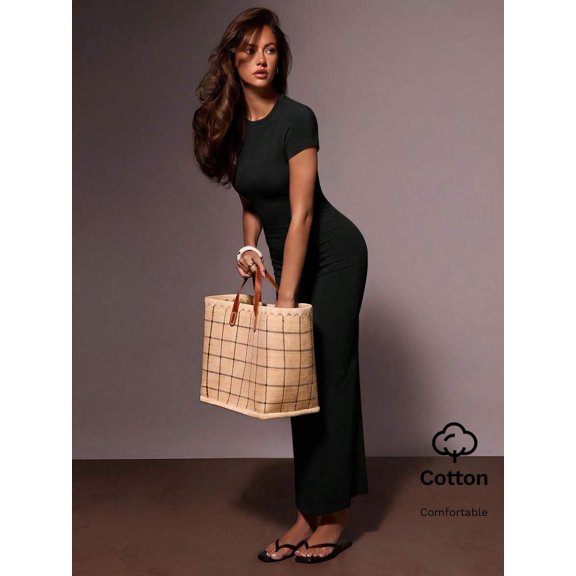 Womens Solid Black Casual T-Shirt Dress Round Neck Short Sleeve Maxi Length