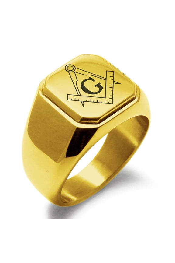 Stainless Steel Freemasons Masonic Compass Engraved Square Flat Top Biker Style Polished Signet Ring