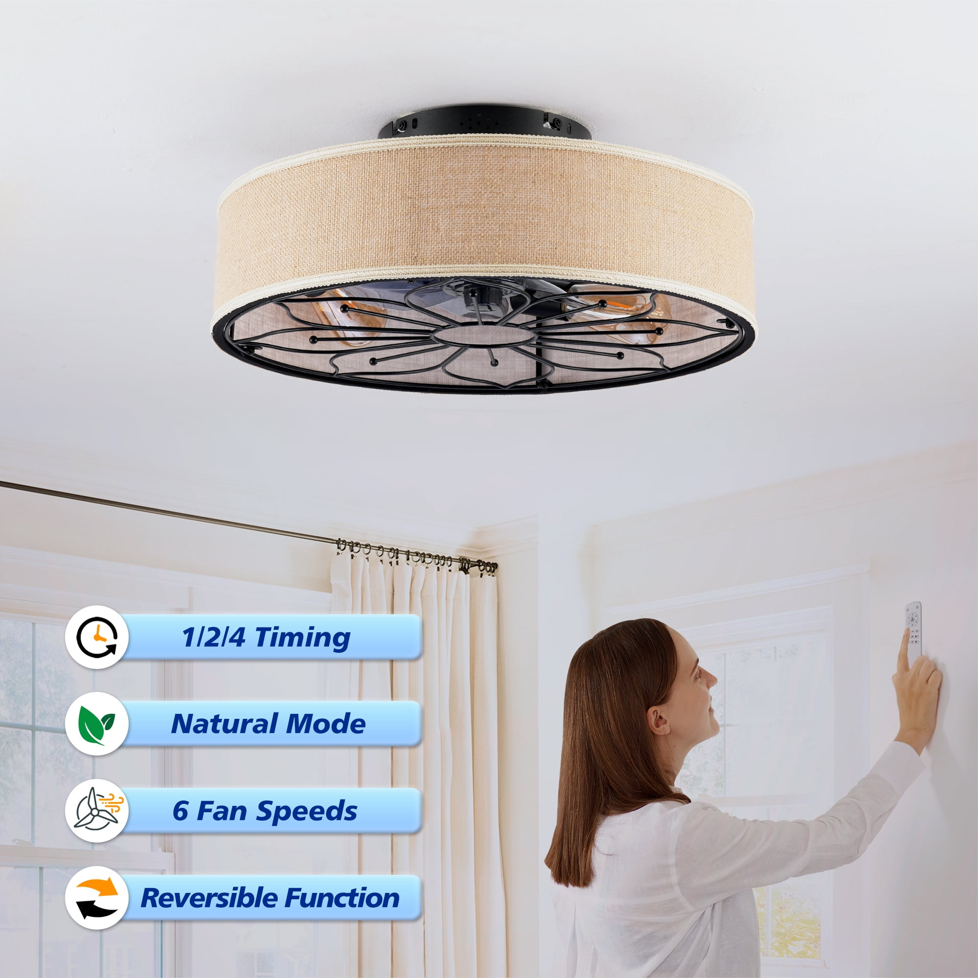 Leumius 20" Fabric Farmhouse Ceiling Fan with Light and Remote Control,Low Profile Modern Enclosed Ceiling Fans with Reversible Motor for Living Room,Bedroom,Kitchen Brown (NOT Included Bulbs)