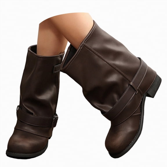 enyan Wide Mid-Calf Boots for Women Slip-on Flat Chelsea Boots Women Ladies Fall Slip On Shoes Women Cowboy Boots Brown,Size 6.5