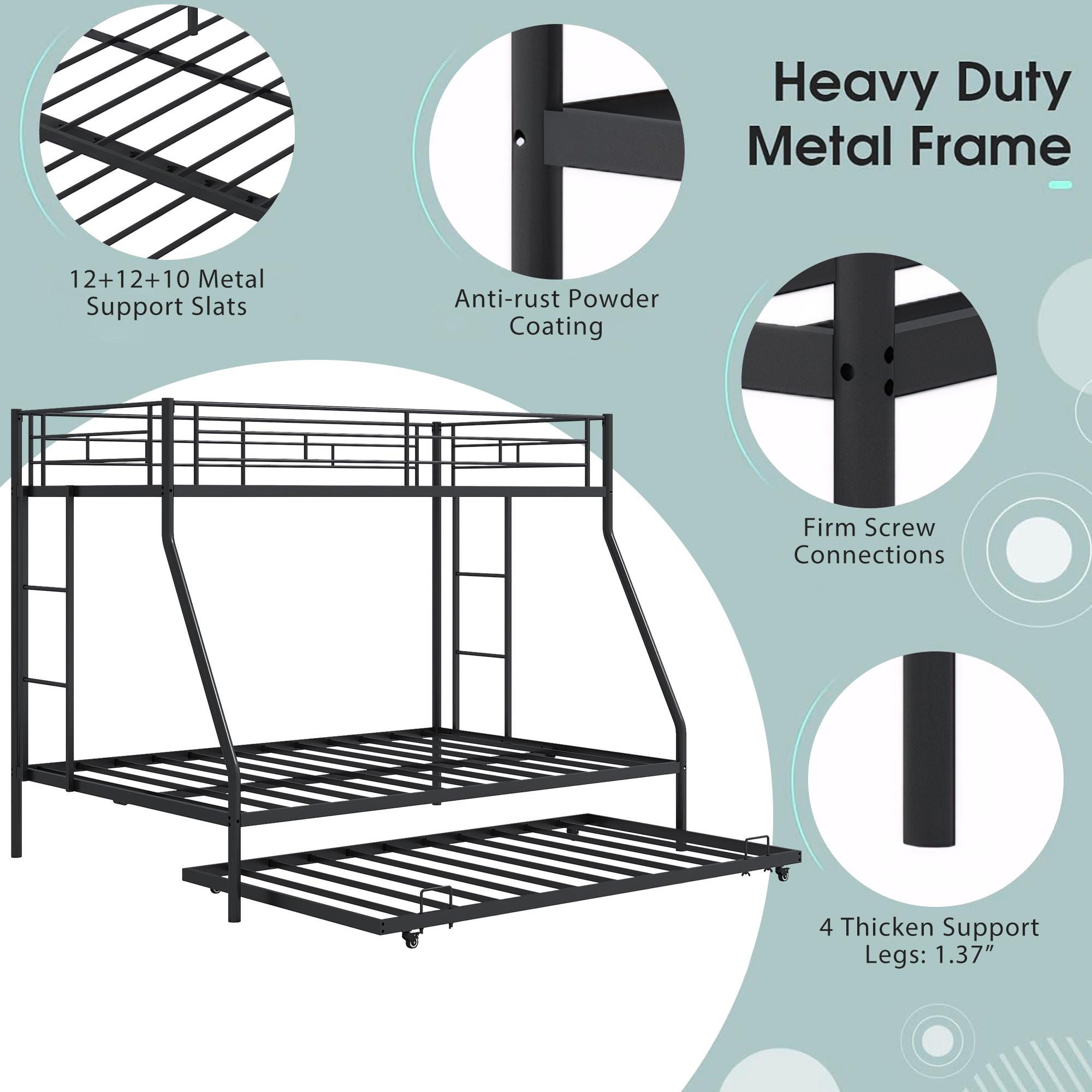 Metal Twin Over Full Bunk Beds with Trundle Bed, UHOMEPRO Twin Over Full Bunk Beds for Kids Adults Teens, Dorm Room Bunkbed with Trundle, 2 Ladders, CPC Certification, No Box Spring Needed, Black