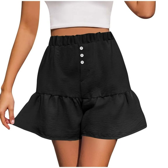 Wyobmus Summer Shorts for Women Casual Comfy Floral Hem Frill Trim Culottes Shorts Elastic Waist Flare Lounge Bottoms with Pockets Black