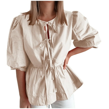 Women Bow Tie Front Shirt Cute Puff Sleeve Peplum Ruffle Babydoll Blouse Lace Up Summer Going Out Tops
