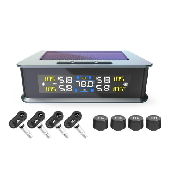 Solar Powered Wireless Car TPMS, Tire Pressure Monitoring System with 4 External Sensors & LCD Display, Real-Time Pressure/Temperature Alarm for Cars, SUVs