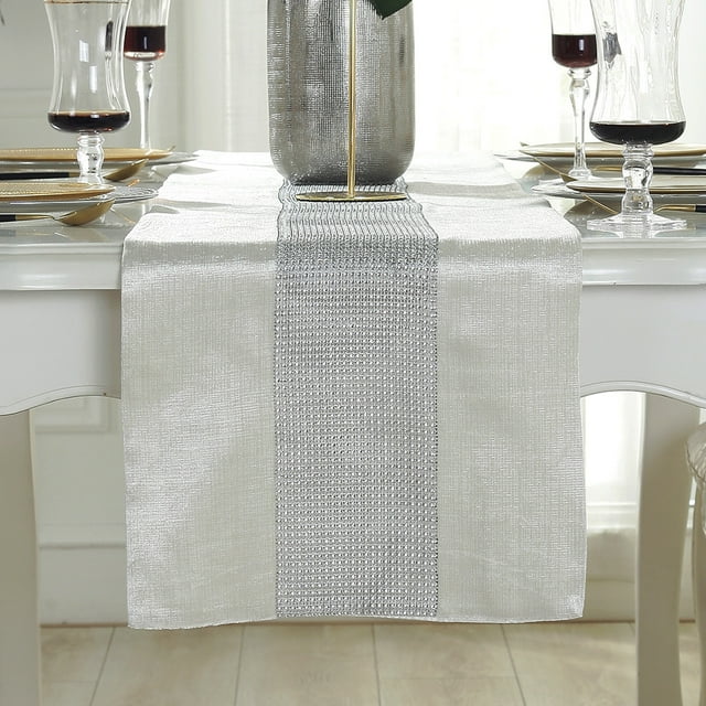 Camino de mesa beige con brillantes diamantes plateados, 32 x 180 cm, decoración glamurosa para cocina, café y tocador